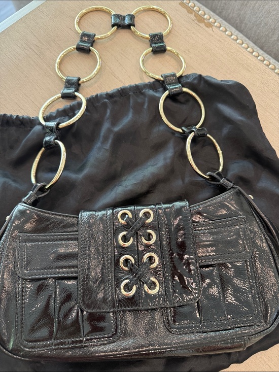 Yves Saint Laurent Handbags - Yves Saint Laurent Black Patent Leather Shoulder Bag with Gold Ring Chain